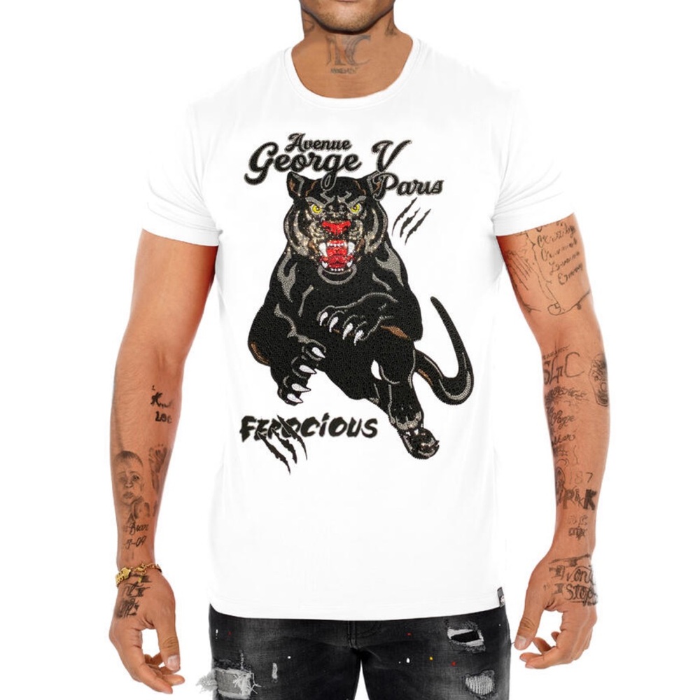 George V Black Panther Graphic T-Shirt Men Diamond Rhinestones